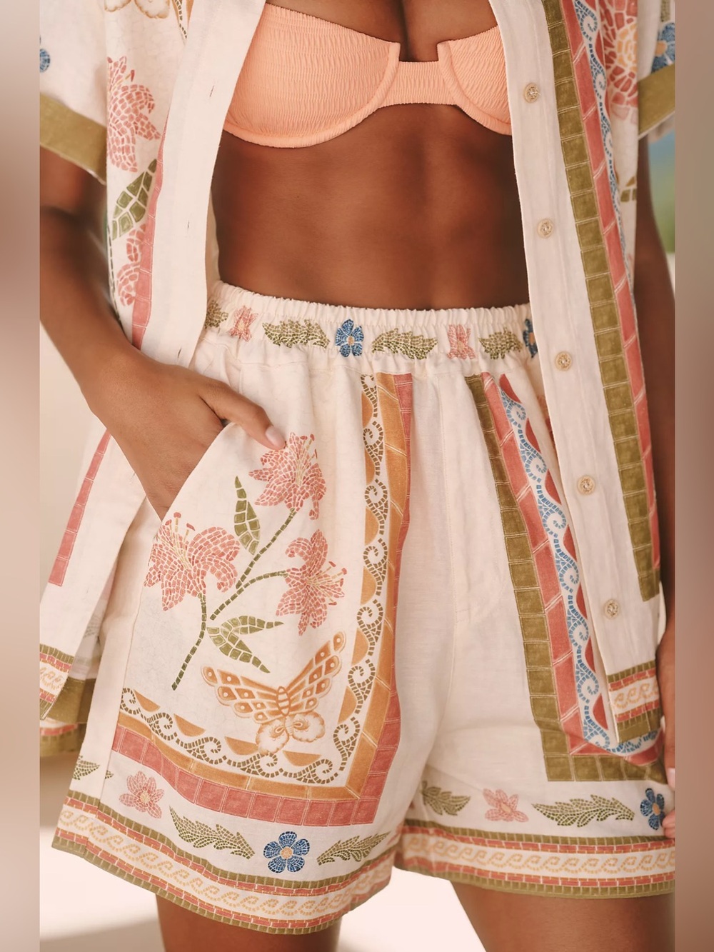 NWT Agua Bendita Watts Linen Blend Shorts Butterfly Floral Anthropologie - Picture 1 of 7